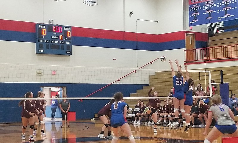 <p>Democrat photo/Kevin Labotka</p><p>The California Pintos volleyball team lost to the Eldon Mustangs in four sets 3-1 on Sept. 10.</p>
