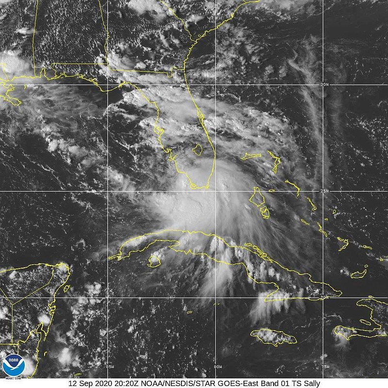 This Saturday, Sept. 12, 2020 image provided by NOAA shows the formation of Tropical Storm Sally. The storm is expected to reach hurricane strength on Monday, Sept. 14, 2020 as it approaches the U.S. Gulf Coast. (NOAA via AP)