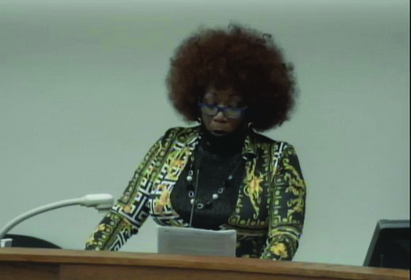 In this image captured from a live stream of the Texarkana, Texas, City Council's meeting Monday, local activist Bess Gamble-Williams addresses the Council in support of removing a Confederate monument downtown.
