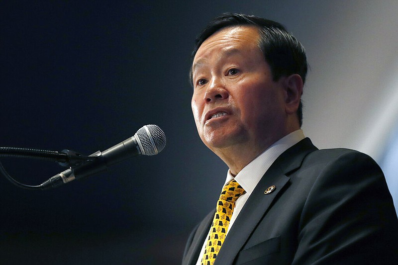 In this Dec. 10, 2019 file photo, University of Missouri system president Mun Choi speaks during a news conference in Columbia, Mo. (AP Photo/Jeff Roberson File)