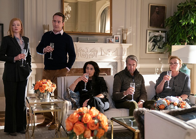 This image released by HBO shows, from left, Sarah Snook, Matthew Macfadyen, Hiam Abbass, Alan Ruck, and J. Smith-Cameron in a scene from "Succession." The program is nominated for an Emmy Award for outstanding drama series. (Peter Kramer/HBO via AP)