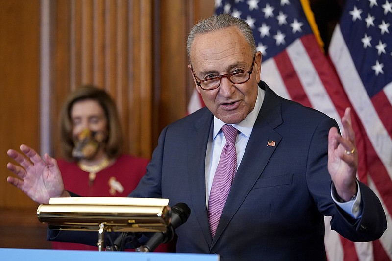 Senate Minority Leader Sen. Chuck Schumer of N.Y., right, speaks next to House Speaker Nancy Pelosi of Calif., during a news conference about COVID-19, Thursday, Sept. 17, 2020, on Capitol Hill in Washington. (AP Photo/Jacquelyn Martin)