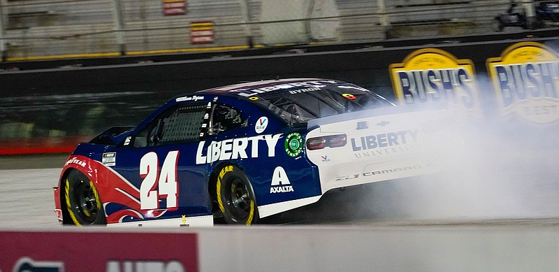 William Byron's car leaves a trail of smoke after an accident during the NASCAR Cup Series auto race Saturday, Sept. 19, 2020, in Bristol, Tenn. (AP Photo/Steve Helber)