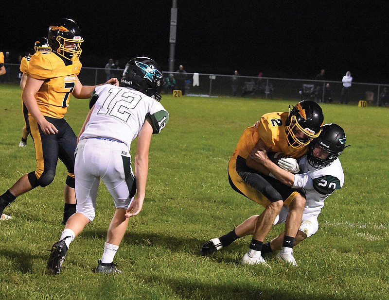 North Callaway defensive back Matt Blair pulls Van-Far running back Bryson Lay to the ground during last week's game in Vandalia. The 45-0 victory improved the Thunderbirds' Eastern Missouri Conference record to 2-1.