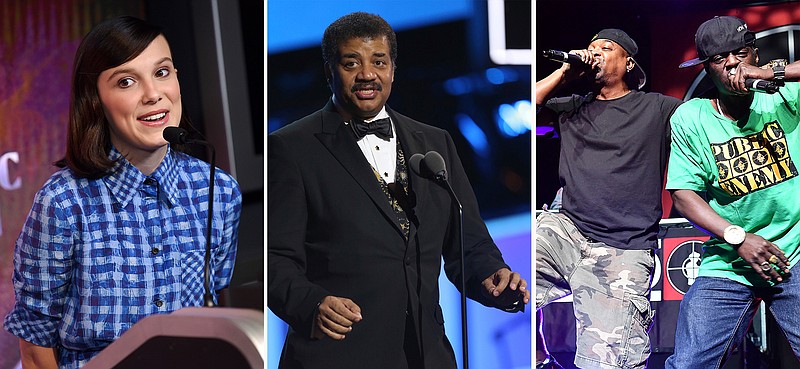 This combination photo shows Millie Bobby Brown, from left, Neil deGrasse Tyson and Public Enemy's Chuck D and Flavor Flav. This week's new entertainment releases include "Stranger Things" breakout star Brown getting her first starring role in the Netflix film "Enola Holmes," Neil deGrasse Tyson spreads his wisdom on Fox and Public Enemy releases "What You Gonna Do When the Grid Goes Down?" (AP Photo)