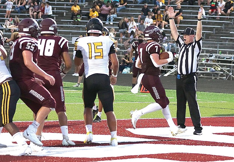 School of the Osage's Jack Creasy runs into the end zone for a touchdown during a game earlier this season against Fulton in Osage Beach. Osage, which enters tonight's game at 2-2, defeated Fulton 63-36 to open the season. Creasy has 267 yards rushing and four touchdowns on 28 carries this season.
