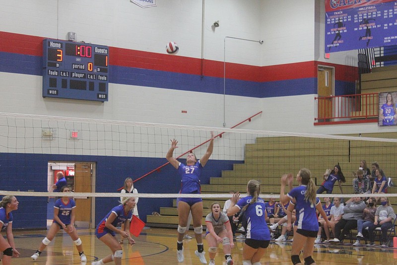 <p>Democrat photo/Kevin Labotka</p><p>Ella Lewis goes up for the ball Sept. 22 during the Pintos’ win over Capital City.</p>