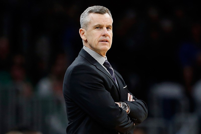 In this March 8, 2020, file photo, Oklahoma City Thunder coach Billy Donovan watches during the second half of the team's NBA basketball game against the Boston Celtics in Boston. The Chicago Bulls hired Donovan as coach Tuesday, Sept. 22. The 55-year-old Donovan spent the last five seasons with the Thunder. He replaces Jim Boylen, who was fired after the Bulls finished 22-43 and were one of the eight teams that didn't qualify for the NBA's restart at Walt Disney World. (AP Photo/Michael Dwyer, File)