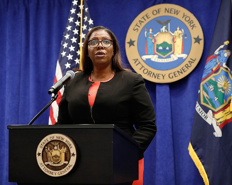 In this Aug. 6, 2020 file photo, New York State Attorney General Letitia James addresses the media during a news conference in New York. On Friday, Sept. 25, 2020, James recommended the New York Police Department get out of the business of routine traffic enforcement, a radical change that she said would prevent encounters like one the year before in the Bronx borough of New York that escalated quickly and ended with an officer fatally shooting a motorist. (AP Photo/Kathy Willens, File)