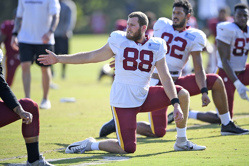 Hale Hentges stretches during practice at the Washington's training facility last month in Ashburn, Va.