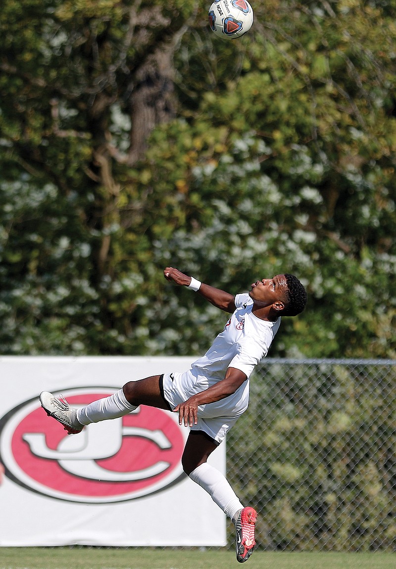 Bassil Ahmed of Jefferson City leaps to attempt a bicycle kick toward the Joplin goal Saturday during the Richard Wilson Classic at the 179 Soccer Park.
