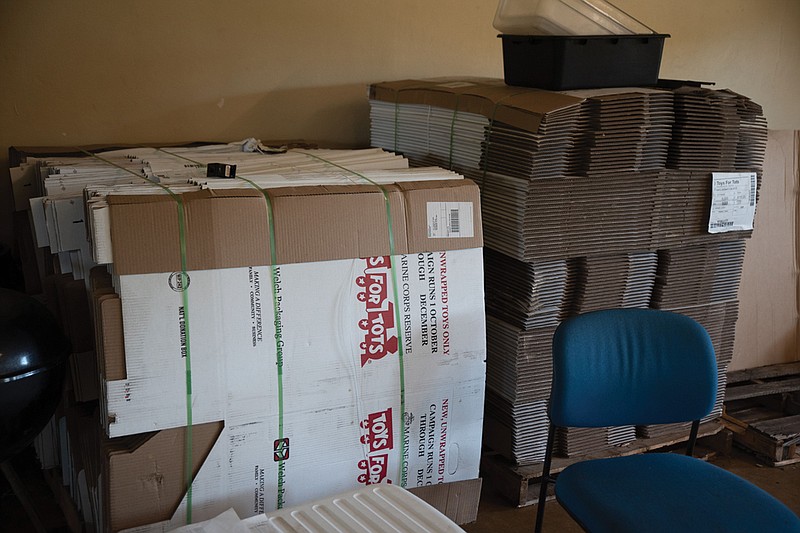 Toys for Tots boxes sit in storage at the Marine Corps Reserve Center. 