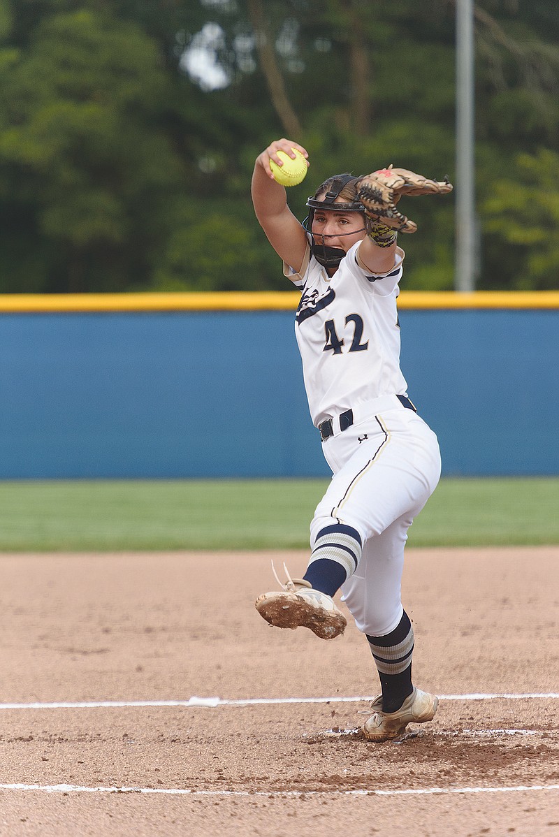 Alexa Rehmeier of Helias, shown here pitching a game earlier this season, threw a perfect game Monday against Capital City.