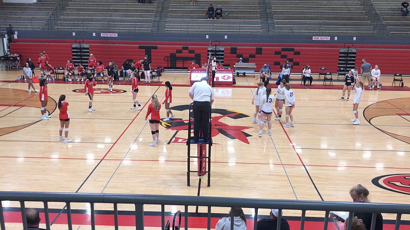 The Jefferson City Lady Jays prepare for volleyball action against St. Francis Borgia at Fleming Fieldhouse on Monday, Oct. 5, 2020.