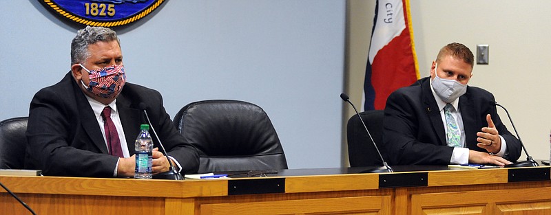 Candidates for Cole County Associate Circuit Judge, Republican Brian Stumpe (left), and Democrat Scott Evans (right) during a Forum held inside the City Council Chambers in the Jefferson City City Hall. Shaun Zimmerman / News Tribune photo