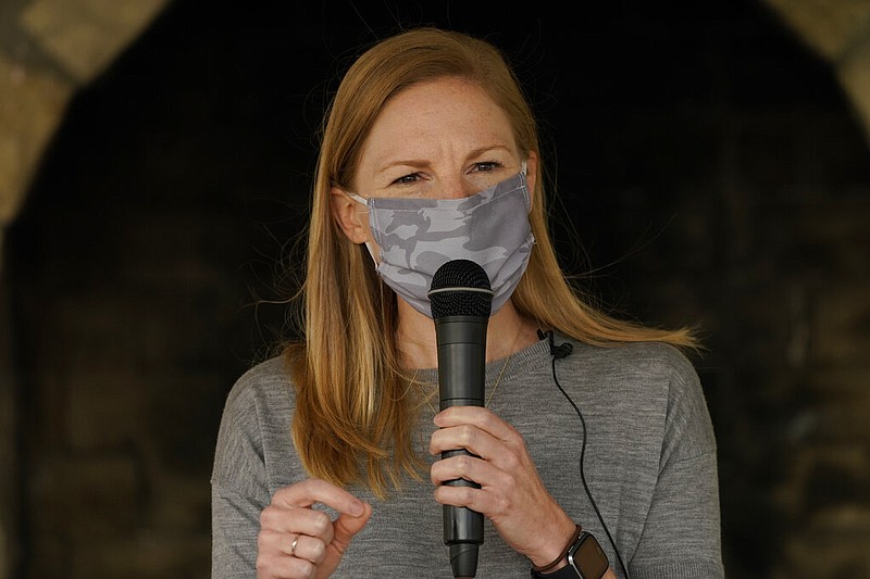 Missouri State Auditor and Democratic gubernatorial candidate Nicole Galloway addresses the crowd during a campaign stop Saturday, Sept. 19, 2020, in Kansas City, Mo.