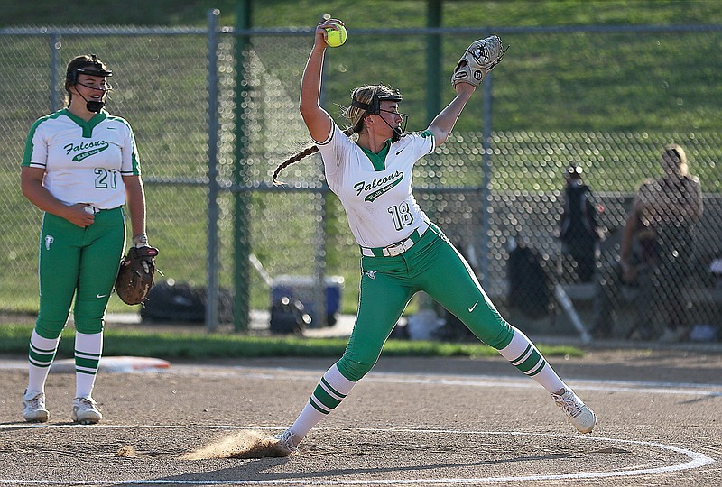 Alexis Findley of Blair Oaks throws a warmup pitch Wednesday as the Lady Falcons hosted the Eldon Lady Mustangs at the Falcon Athletic Complex in Wardsville.
