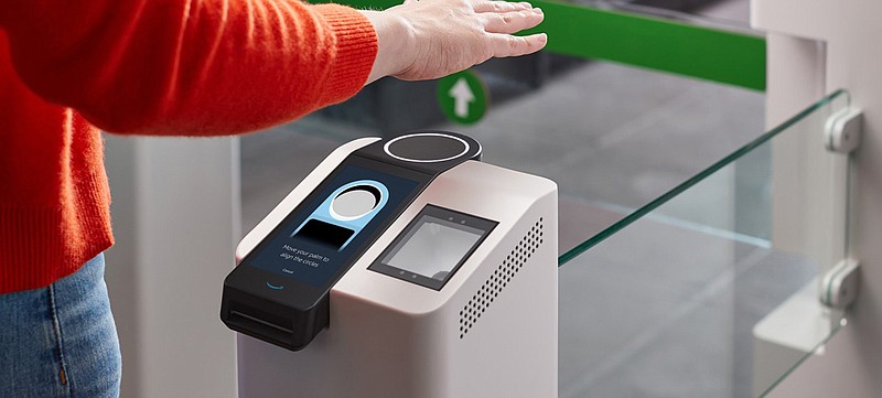 Amazon One is the company's new palm-scanning payment and entry system, currently being tested in two of its cashier-less Amazon Go stores. MUST CREDIT: Amazon handout photo