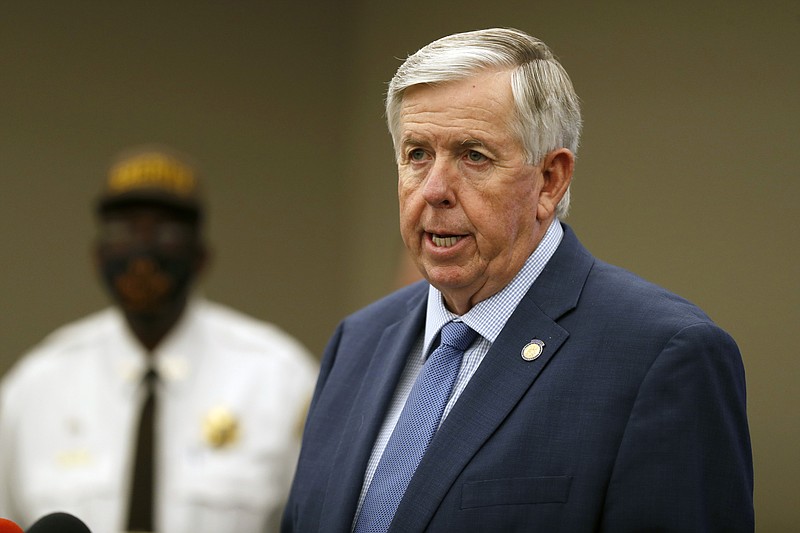 FILE - In this Aug. 6, 2020 file photo, Missouri Republican Gov. Mike Parson speaks during a news conference in St. Louis. (AP Photo/Jeff Roberson, File)