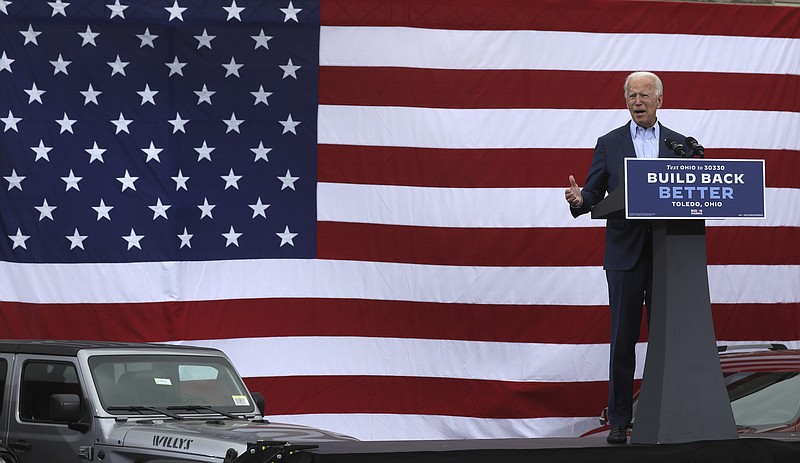 Presidential candidate Joe Biden speaks at a drive-in rally at UAW Local 14 in Toledo, Ohio, on Monday, Oct. 12, 2020. (Lori King/The Blade via AP)