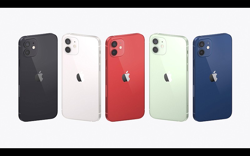 This image provided by Apple shows a display of the new iPhones equipped with technology for use with faster new 5G wireless networks that Apple unveiled Tuesday, Oct. 13, 2020. (Apple via AP)