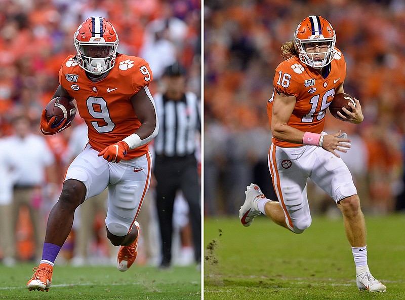 At left, in a Saturday, Oct. 12, 2019, file photo, Clemson's Travis Etienne runs out of the backfield to score a touchdown during the first half of an NCAA college football game against Florida State, in Clemson, S.C. At right, in a Saturday, Oct. 26, 2019, file photo, Clemson's Trevor Lawrence rushes on a quarterback keeper during the first half of an NCAA college football game against Boston College, in Clemson, S.C. Clemson quarterback Trevor Lawrence and tailback Travis Etienne love competing on the same side with the top-ranked Tigers. If they keep playing as they have, they may be competing against each other for college football's biggest individual prize, the Heisman Trophy. (AP Photo/Richsard Shiro, File)