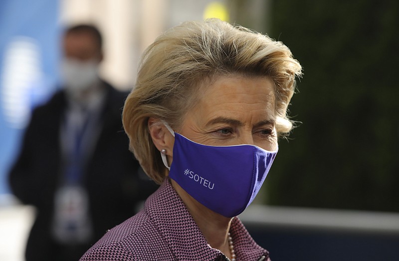 European Commission President Ursula von der Leyen arrives for an EU summit at the European Council building in Brussels, Thursday, Oct. 15, 2020. European Union leaders are meeting in person for a two-day summit amid the worsening coronavirus pandemic to discuss topics ranging from Brexit to climate and relations with Africa. (AP Photo/Olivier Matthys, Pool)