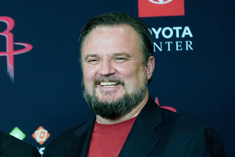 This is a July 26, 2019, file photo showing Houston Rockets General Manager Daryl Morey during an NBA basketball news conference, in Houston. Rockets general manager Daryl Morey is stepping down on his own accord, a person familiar with the decision told The Associated Press. The person spoke on condition of anonymity Thursday, Oct. 15, 2020, because the move hasn't been announced.(AP Photo/David J. Phillip)