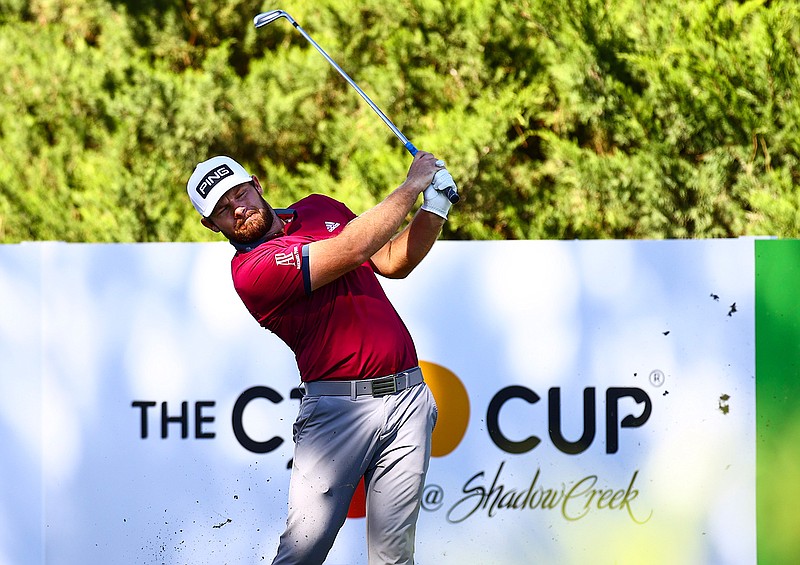 Tyrrell Hatton tees off at the fifth hole during the first round of the CJ Cup golf tournament at Shadow Creek Golf Course, Thursday, Oct. 15, 2020, in North Las Vegas. (Chase Stevens/Las Vegas Review-Journal via AP)