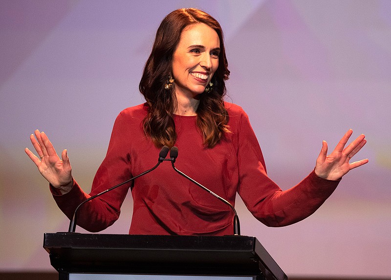 New Zealand Prime Minister Jacinda Ardern gestures as she gives her victory speech to Labour Party members at an event in Auckland, New Zealand, Saturday, Oct. 17, 2020. (AP Photo/Mark Baker)