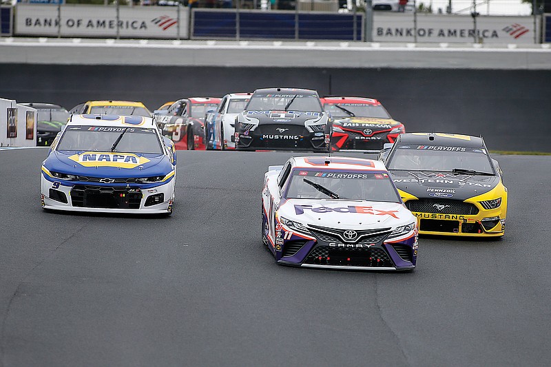 From left, Chase Elliott, Denny Hamlin and Brad Keselowski lead the way through turn 7 in last Sunday's Cup Series race on the road course at Charlotte Motor Speedway in Concord, N.C.