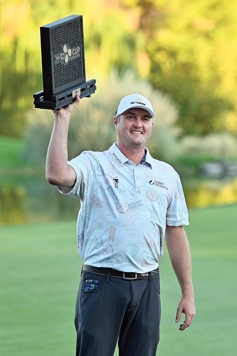 Jason Kokrak holds the trophy Sunday after winning the CJ Cup at Shadow Creek Golf Course in North Las Vegas.