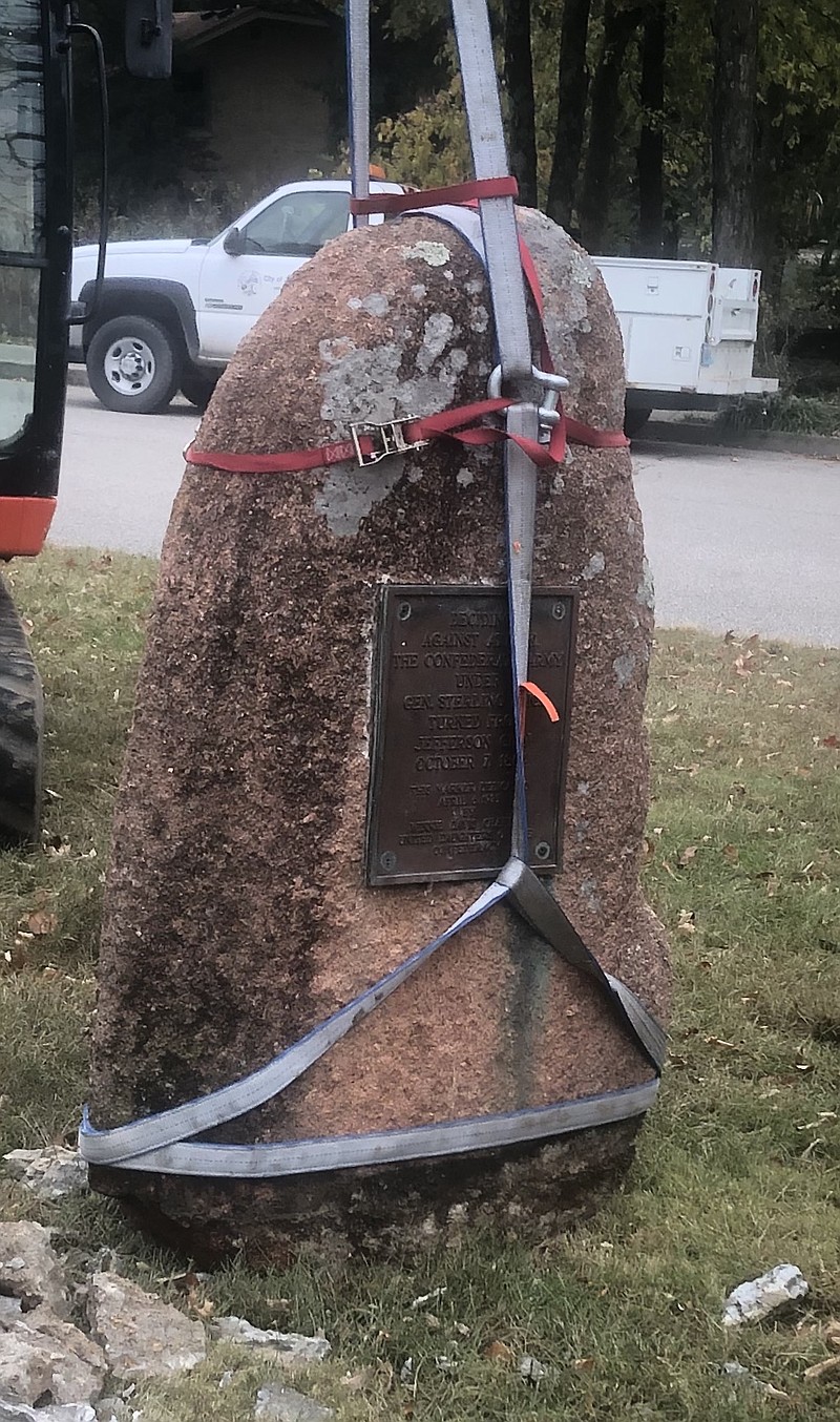The Sterling Price marker, removed Oct. 20, 2020, from its place on Moreau Drive in Jefferson City, is shown about to be lifted on a truck to be stored in a city facility.