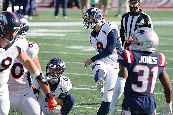 Broncos kicker Brandon McManus follows through on one of his six field goals Sunday against the Patriots in Foxborough, Mass.