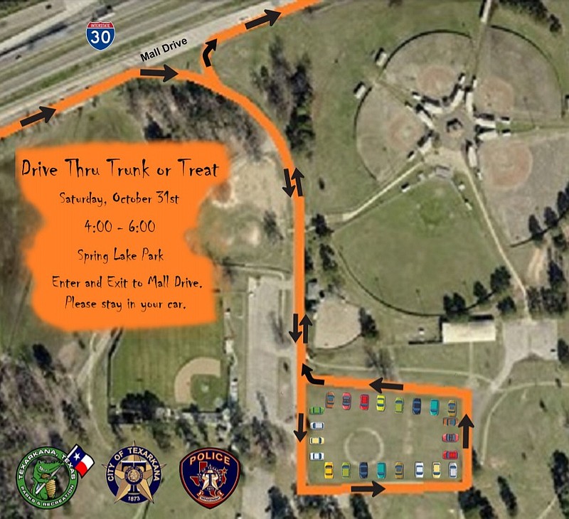 This map shows the drive-through route for a Trunk or Treat event scheduled for Oct. 31, 2020, at Spring Lake Park in Texarkana, Texas.
