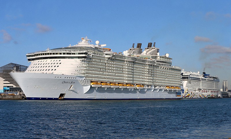 Cruise ships line up along Port Miami of Miami, including Royal Caribbean's Oasis of the Seas, as cruises have been canceled due to the coronavirus COVID-19 pandemic on March 15, 2020, in Miami. (Pedro Portal/Miami Herald/TNS)