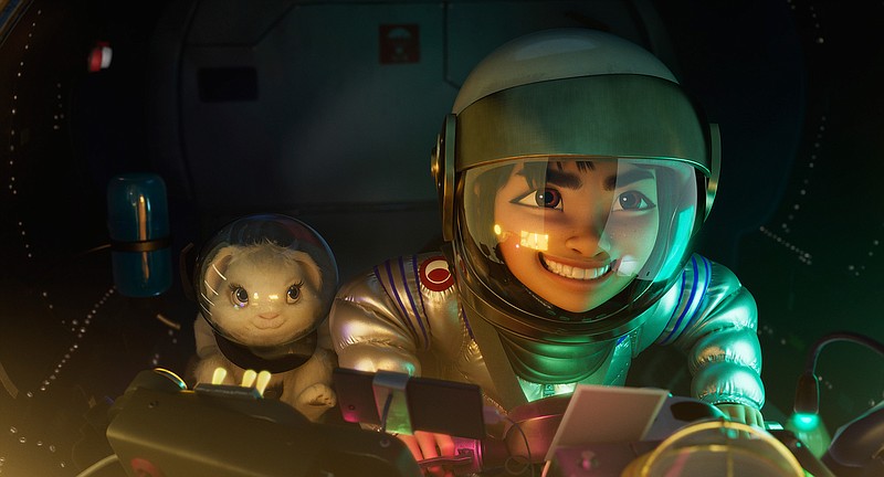 This image released by Netflix shows characters Bungee the rabbit, left, and Fei Fei, voiced by Cathy Ang, in a scene from "Over the Moon." (Netflix via AP)