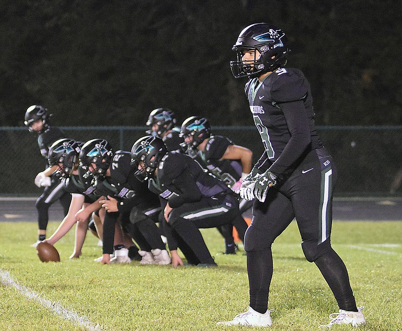 The North Callaway offense — with wide receiver Payton Olsson in the foreground — prepares to run a play during last Friday night's game against Mark Twain in Kingdom City.