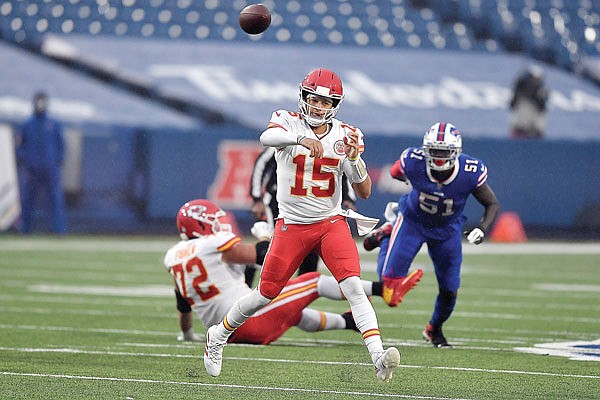 Chiefs quarterback Patrick Mahomes throws a pass during last Monday's game against the Bills in Orchard Park, N.Y.