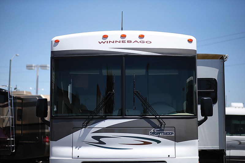 A Winnebago RV is displayed at Cordelia RV on May 29, 2013 in Fairfield, California. Winnebago Industries posted solid results for its fourth quarter and fiscal year, with fourth quarter revenue increasing 39% to $739 million. (Justin Sullivan/Getty Images/TNS)