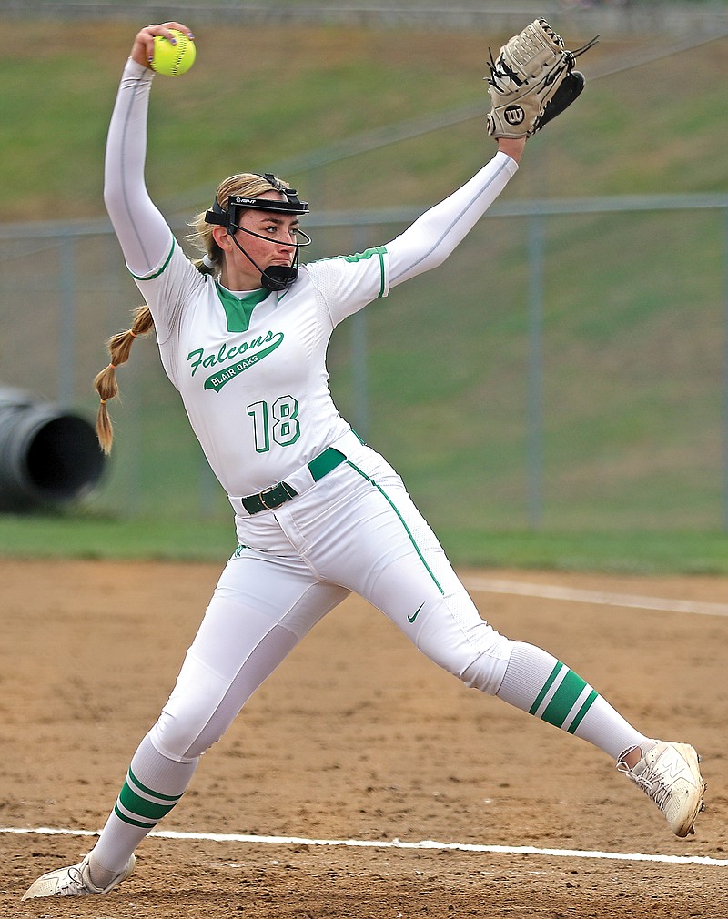 Blair Oaks pitcher Alexis Findley winds up a pitch during Saturday's state semifinal game against Savannah at the Falcon Athletic Complex in Wardsville.
