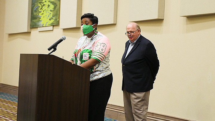 Kristi Brown, Liberty-Eylau Elementary principal, and Larry Sims, First Baptist Church of Texarkana associate pastor, are at a luncheon for Operation Jerusalem on Monday. Submitted photo by Jacob Bain 