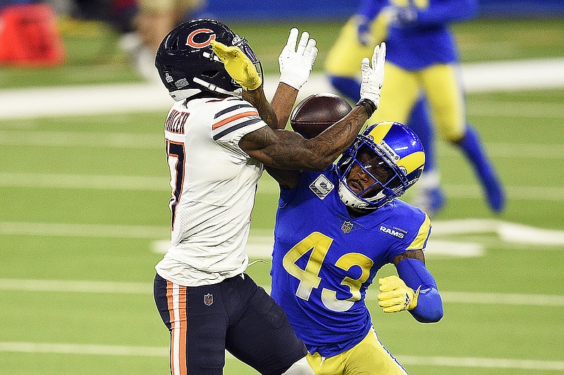 Rams safety John Johnson III (right) breaks up a pass intended for Bears wide receiver Anthony Miller during the second half of Monday night's game in Inglewood, Calif.