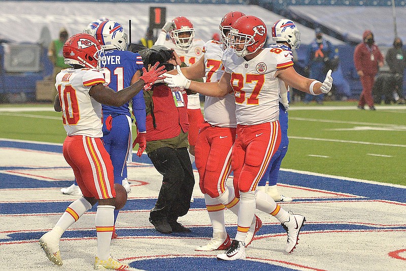 Chiefs tight end Travis Kelce (87) celebrates a touchdown during a game against the Bills earlier this month in Orchard Park, N.Y.