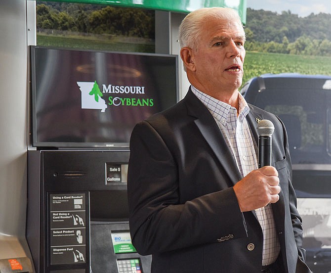 Bob Wollenman, managing partner of Deluxe Truck Stop in St. Joseph, talks Thursday about how his business has grown and how the company will use the more than $125,000 in grant money to replace four dispensers and one storage tank at its fueling station in St. Joseph. Rebeckah Freeman Adcock, U.S. Department of Agriculture Administrator of the Rural Business-Cooperative Service, visited Central Missouri, where she stopped at the Center for Soy Innovation on Country Club Drive to announce grants recently awarded.