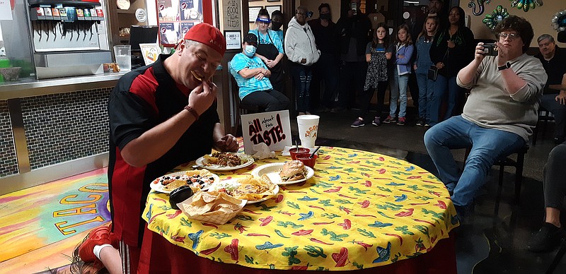 Randy Santel of St. Louis, Mo., came Friday to Taco Tico in Texarkana, Texas, to take on the All About The Taste Challenge. He originally got into fitness and weight loss after finishing college football and deciding he wanted to be lighter. After dropping from 250 to 225, he and a buddy took on a food challenge: a 28-inch pizza, two meats. After that, it has been one food adventure after another.