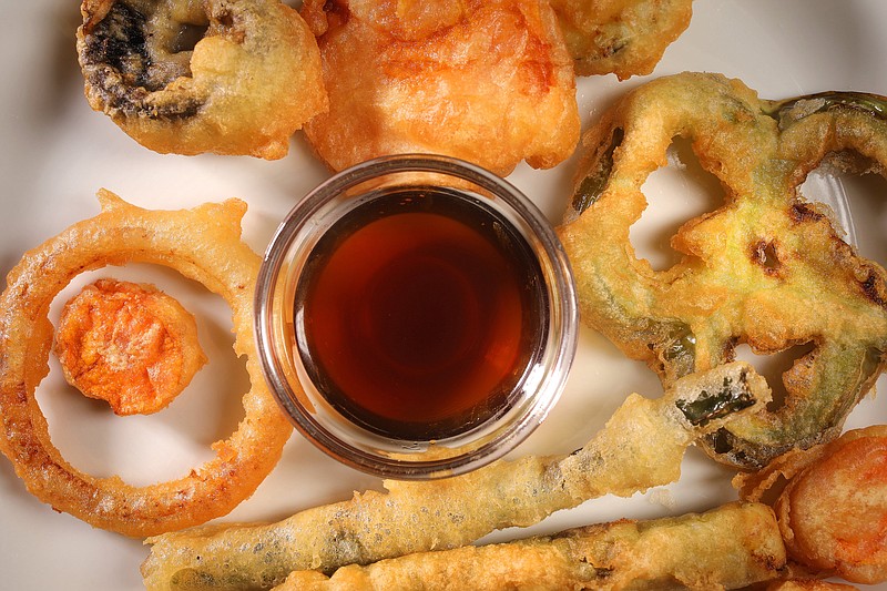 Tempura flour recipes, with examples photographed on Wednesday, Oct. 14, 2020, offer a variance of batters for vegetables and shrimp. (Christian Gooden/St. Louis Post-Dispatch/TNS) 