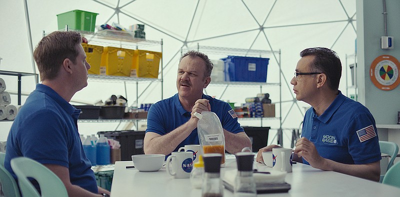 This image released by Showtime shows, from left, Tim Heidecker, John C. Reilly and Fred Armisen in a scene from "Moonbase 8," a comedy series about astronauts trying to qualify for a moon mission, premiering on Sunday. (Showtime via AP)