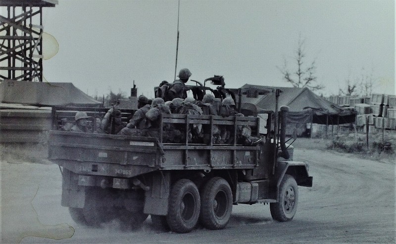 <p>Courtesy of Don Buchta</p><p>There were a number of Marines stationed at the military base in Quang Tri. Roger Buchta snapped this photograph of a group of Marines leaving the base for a combat mission.</p>