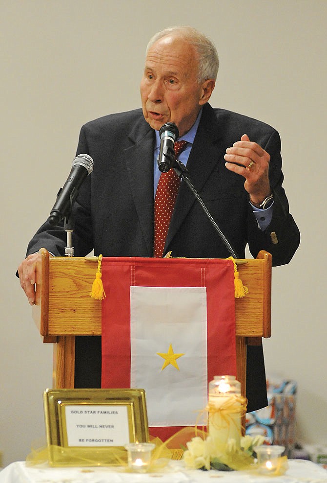 One of six main presenters at the Gold Star Families Memorial, Carl Landwehr, talks about the experience his family went through when his Uncle, Ssgt. Carl Landwehr, was killed in World War II. Landwehr served as a tailgunner on a B-17G when they were shot down over Germany on Oct. 7, 1944.